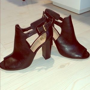Vince Camino Leather peep toe buckle booties